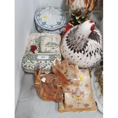 255 - A German Rumtopf Jar and Cover, a pottery Chicken, a pottery Cockerell, Tureens and Covers, Cheese D... 