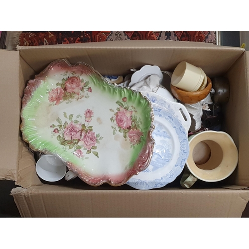 258 - Four boxes containing various ceramic items including teapots, jug, plates, mugs, etc, a box of foot... 