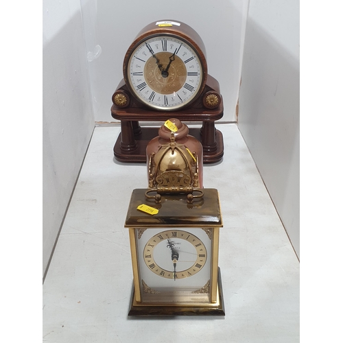 296 - Three various Mantel Clocks and a copper Vessel, (R4)