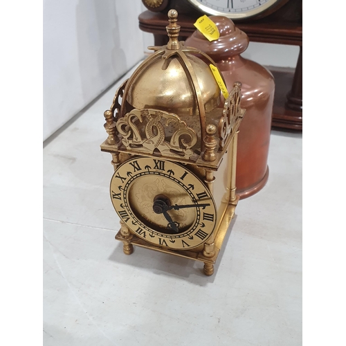 296 - Three various Mantel Clocks and a copper Vessel, (R4)