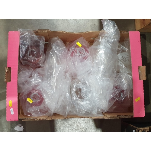 299 - Two boxes containing coloured and clear glass Light Shades, Evening Bags, Prints, etc, (R4)