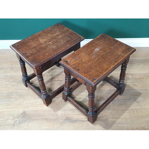 30 - A pair of oak Joint Stools on turned supports united by surrounding stretchers 1ft 6in W x 1ft 6in H... 