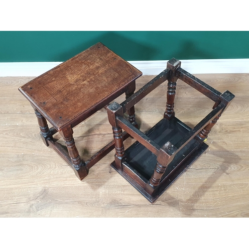 30 - A pair of oak Joint Stools on turned supports united by surrounding stretchers 1ft 6in W x 1ft 6in H... 