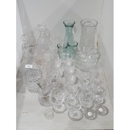 322 - A selection of glassware including Decanters, a Vase, Bowls, a Carafe, Wines, Tumblers, etc, (R4)