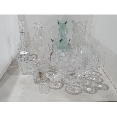 322 - A selection of glassware including Decanters, a Vase, Bowls, a Carafe, Wines, Tumblers, etc, (R4)