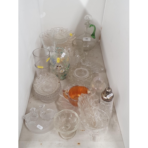 340 - A quantity of glassware including a painted Vase, a Ewer, a Carnival glass Jug, Dishes, etc, (R4)