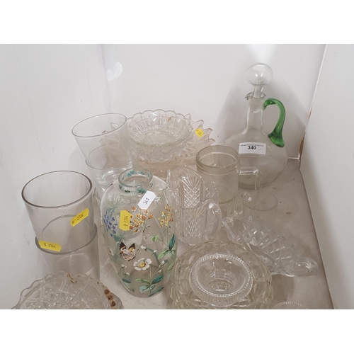 340 - A quantity of glassware including a painted Vase, a Ewer, a Carnival glass Jug, Dishes, etc, (R4)