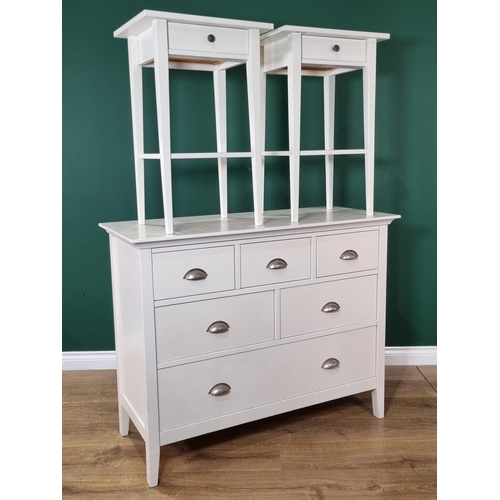 408 - A modern white painted Chest of seven drawers 3ft 8in W x 2ft 11in H and a pair of matching Bedside ... 