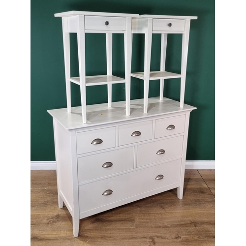 408 - A modern white painted Chest of seven drawers 3ft 8in W x 2ft 11in H and a pair of matching Bedside ... 