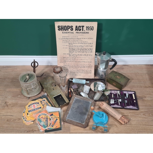 41 - A box containing antique penny operated Lock, Rolling Pin, Mincer, Trays, Beer Mats, glass Biscuit B... 