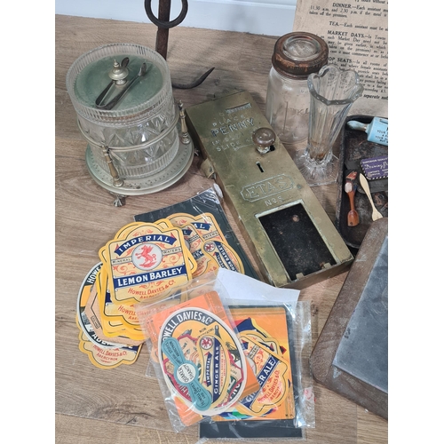 41 - A box containing antique penny operated Lock, Rolling Pin, Mincer, Trays, Beer Mats, glass Biscuit B... 