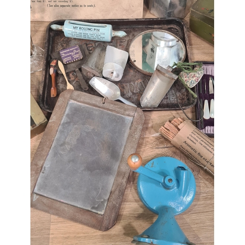 41 - A box containing antique penny operated Lock, Rolling Pin, Mincer, Trays, Beer Mats, glass Biscuit B... 