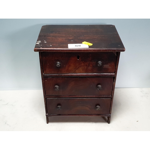 428 - A 19th Century mahogany veneered Apprentice Chest of three long drawers 10in H x 8in W (R3)