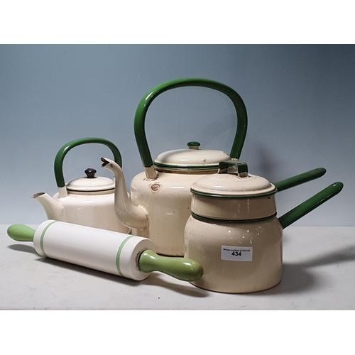 434 - A Judge Ware cream and green enamel Kettle, a Teapot, Cooking Pot and Sadler Rolling Pin (R3)