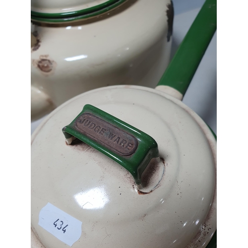 434 - A Judge Ware cream and green enamel Kettle, a Teapot, Cooking Pot and Sadler Rolling Pin (R3)