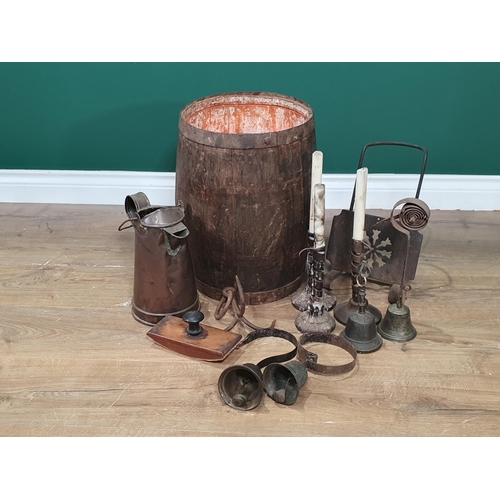 440 - A coopered oak Barrel, metal twisted Candlesticks, Servant's Bell, two other Bells, Blotter and Jug ... 