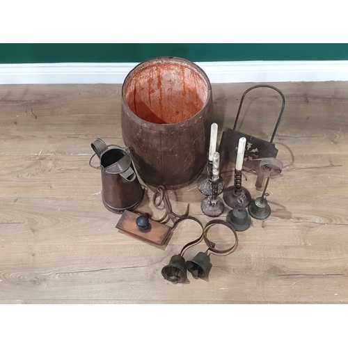 440 - A coopered oak Barrel, metal twisted Candlesticks, Servant's Bell, two other Bells, Blotter and Jug ... 