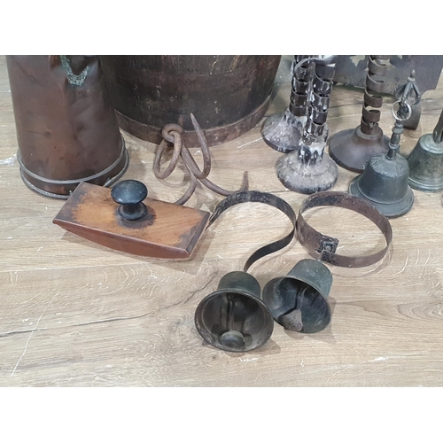 440 - A coopered oak Barrel, metal twisted Candlesticks, Servant's Bell, two other Bells, Blotter and Jug ... 