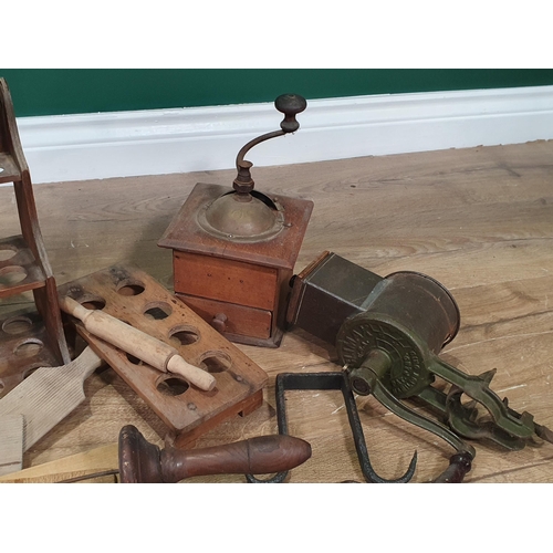 443 - A vintage Coffee Grinder, a Mincer, Egg Tray, Spoon Rack, Chopping Boards, Butter Paddles, Hooks, wo... 