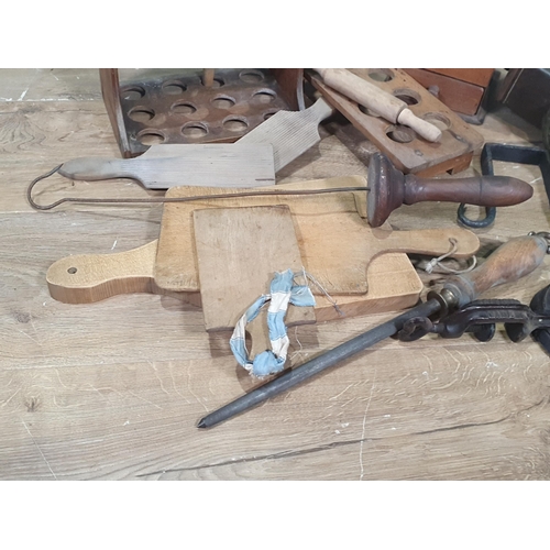 443 - A vintage Coffee Grinder, a Mincer, Egg Tray, Spoon Rack, Chopping Boards, Butter Paddles, Hooks, wo... 