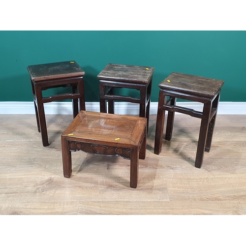 454 - A set of three Chinese hardwood Tables, 18 1/2in H, and another of similar design, 10 1/2in H, (R5)