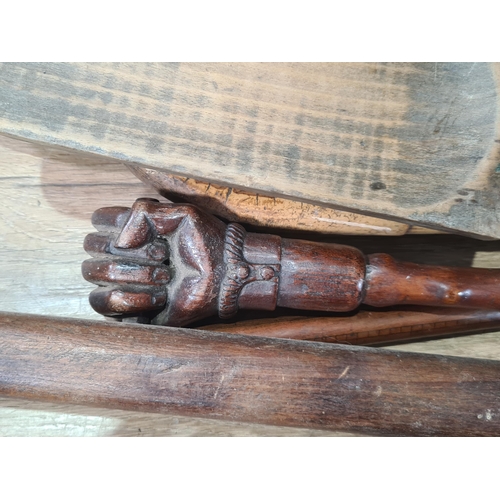 492 - An oak Offertory Box containing a selection of wooden knobs, 10in W, a Victorian walnut and parquetr... 