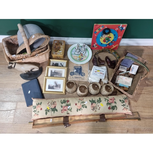 502 - A box containing various cane Baskets, Light Shades, Prints, Measures, a Tin, etc, (R6)