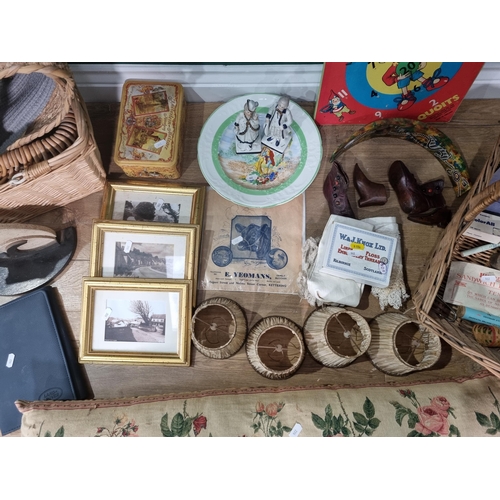 502 - A box containing various cane Baskets, Light Shades, Prints, Measures, a Tin, etc, (R6)