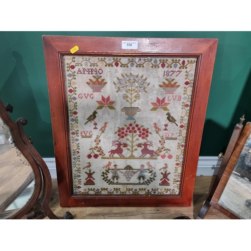 518 - A framed Sampler, three Toilet Mirrors, an ebonised Wall Mirror and a rectangular Wall Mirror contai... 