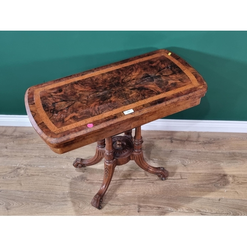 537 - A Victorian walnut foldover Card Table with crossbanded top on turned supports and quadruple base, (... 