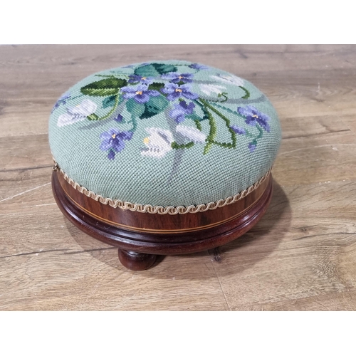 545 - A pair of reproduction circular mahogany Footstools with floral needlework upholstery, 11in Diam (R6... 