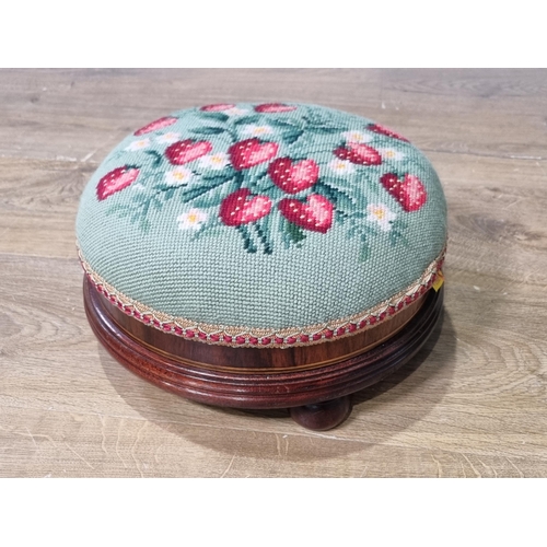 545 - A pair of reproduction circular mahogany Footstools with floral needlework upholstery, 11in Diam (R6... 