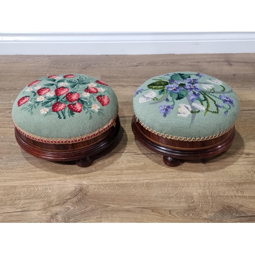 545 - A pair of reproduction circular mahogany Footstools with floral needlework upholstery, 11in Diam (R6... 