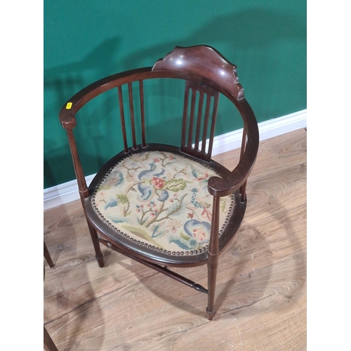 555 - An Edwardian mahogany Elbow Chair with needlework seat on turned supports, and another Chair of simi... 