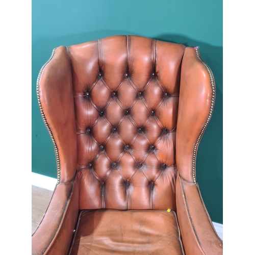 557 - A button upholstered Library Chair on cabriole front supports and turned stretchers, (R7)