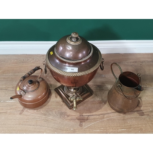 562 - A copper pedestal Samovar with brass tap, a copper Kettle and a copper Jug, (R6)