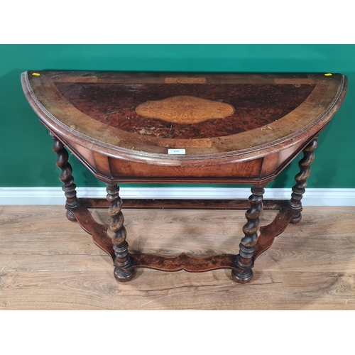 678 - An oak and walnut Demi Lune Console Table with burr walnut inlaid top with scrolled and leafage desi... 