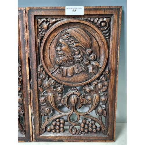 68 - A pair of antique oak carved Panels with circular portraits surrounded by fruiting vine, 15 x 9in (R... 