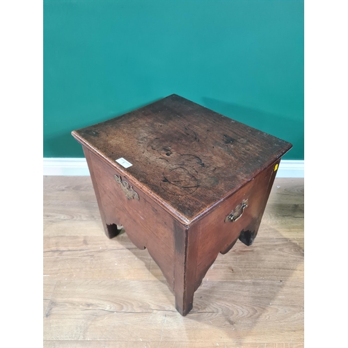 7 - An 18th Century oak Box Stool with hinged lid, shaped frieze, engraved brass escutcheon, 19in wide