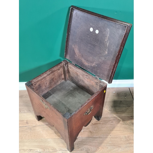 7 - An 18th Century oak Box Stool with hinged lid, shaped frieze, engraved brass escutcheon, 19in wide