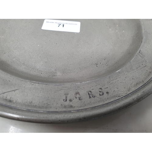 71 - An antique pewter Marriage Plate with initials J.G, R.S, having touch marks with Tudor rose, etc, 9 ... 