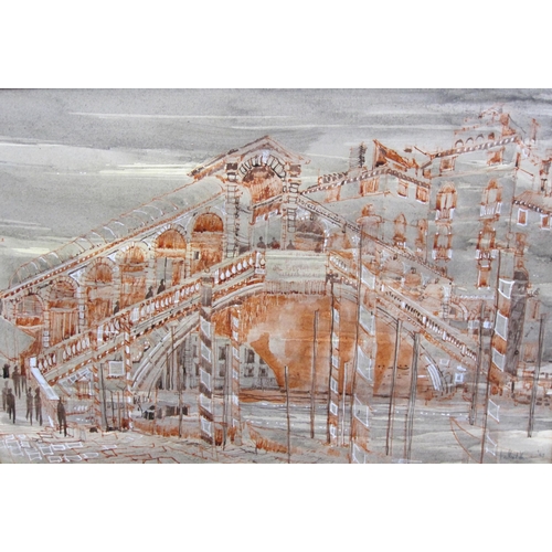 308 - TALBOT HINE. The Rialto Bridge, Venice, signed, pen, ink and watercolour , heightened with white, 14... 