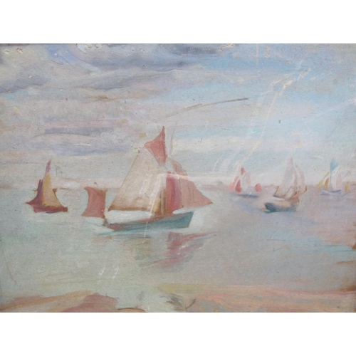 313 - ENGLISH SCHOOL. Sailing Boats off a coast, oil on canvas, 14 x 18 in; an unframed oil painting of a ... 