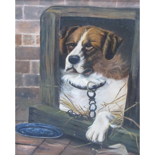 319 - ENGLISH SCHOOL. St. Bernard in a Kennel, oil on canvas, 16 1/2 x 14 in (R3)