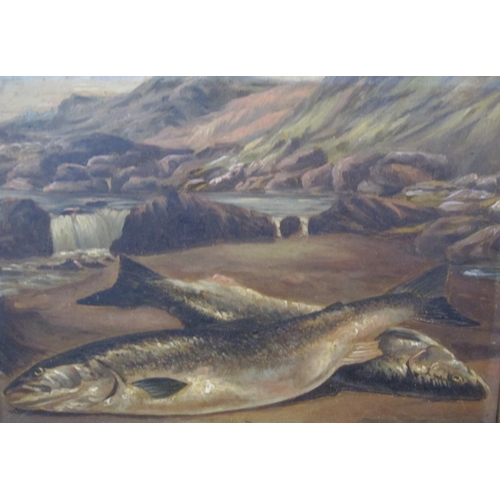 320 - MANNER OF LEONIDAS ROLFE. Trout on a River Bank, oil on board, 5 x 6 1/2 in (R2)