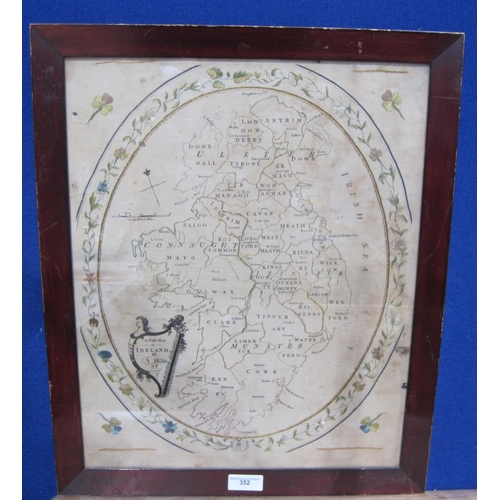 352 - An embroidered map of Ireland, by A.H., 1819, oval, 24 x 18 in