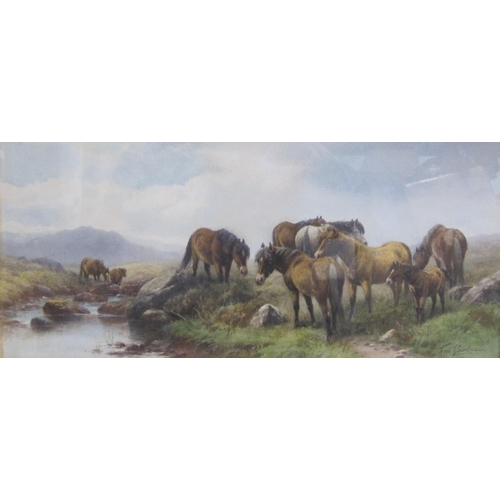 357 - TOM ROWDEN. Ponies on Dartmoor, signed, watercolour, 8 1/2 x 28 in (R5)