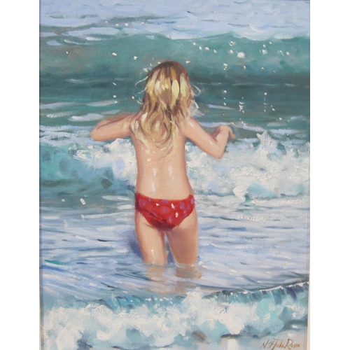 360 - N.St.JOHN ROSSE. 'Wading into the Sea', signed, oil on canvas board, 16 1/2 x 12 1/2 in; and two oth... 