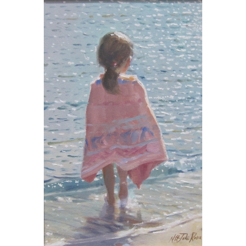 360 - N.St.JOHN ROSSE. 'Wading into the Sea', signed, oil on canvas board, 16 1/2 x 12 1/2 in; and two oth... 