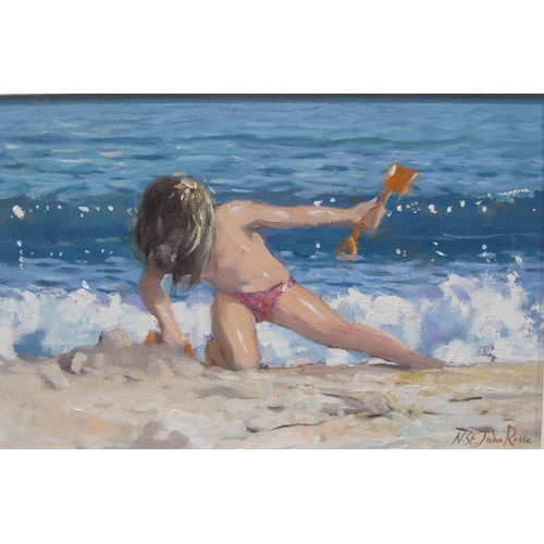 360 - N.St.JOHN ROSSE. 'Wading into the Sea', signed, oil on canvas board, 16 1/2 x 12 1/2 in; and two oth... 